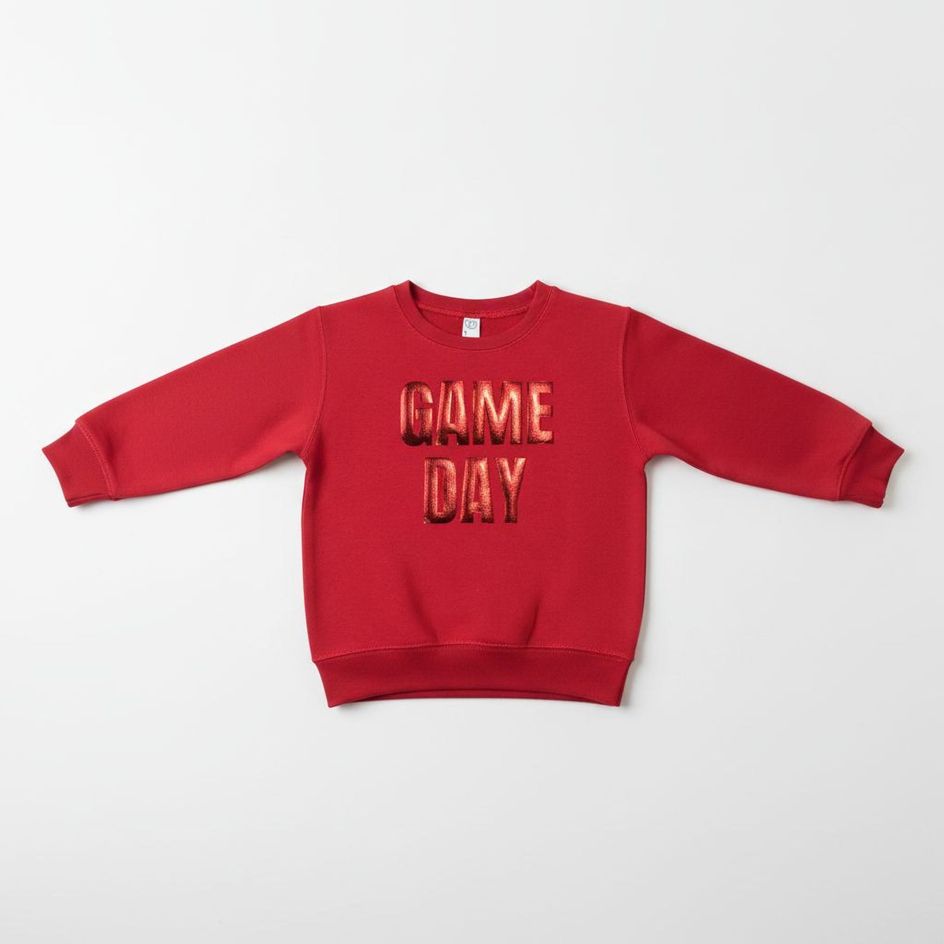 A red long-sleeved sweatshirt with the text "GAME DAY" printed on it.