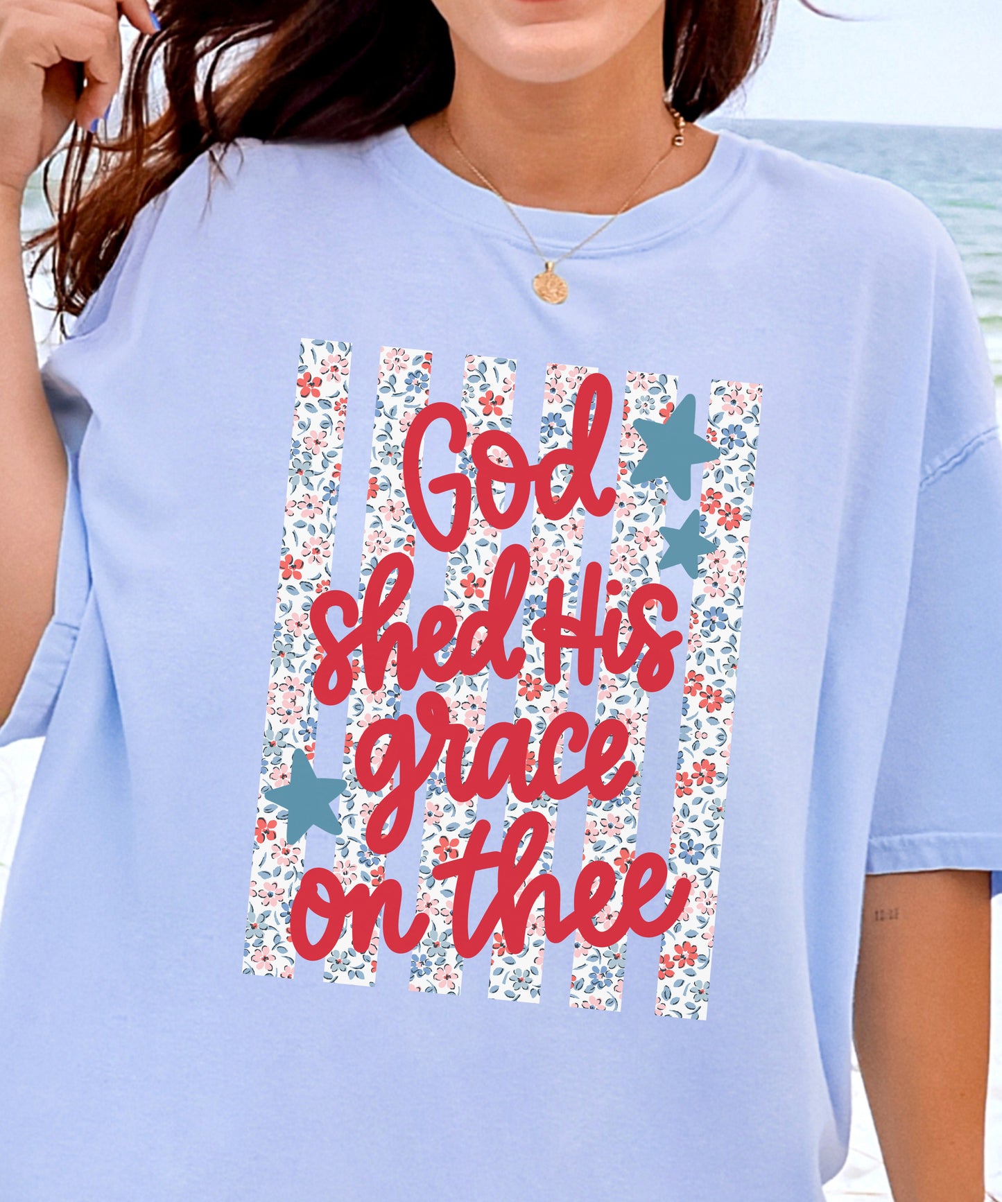 God Shed His Grace Patriotic T-Shirt | Floral American Flag Comfort Colors Tee