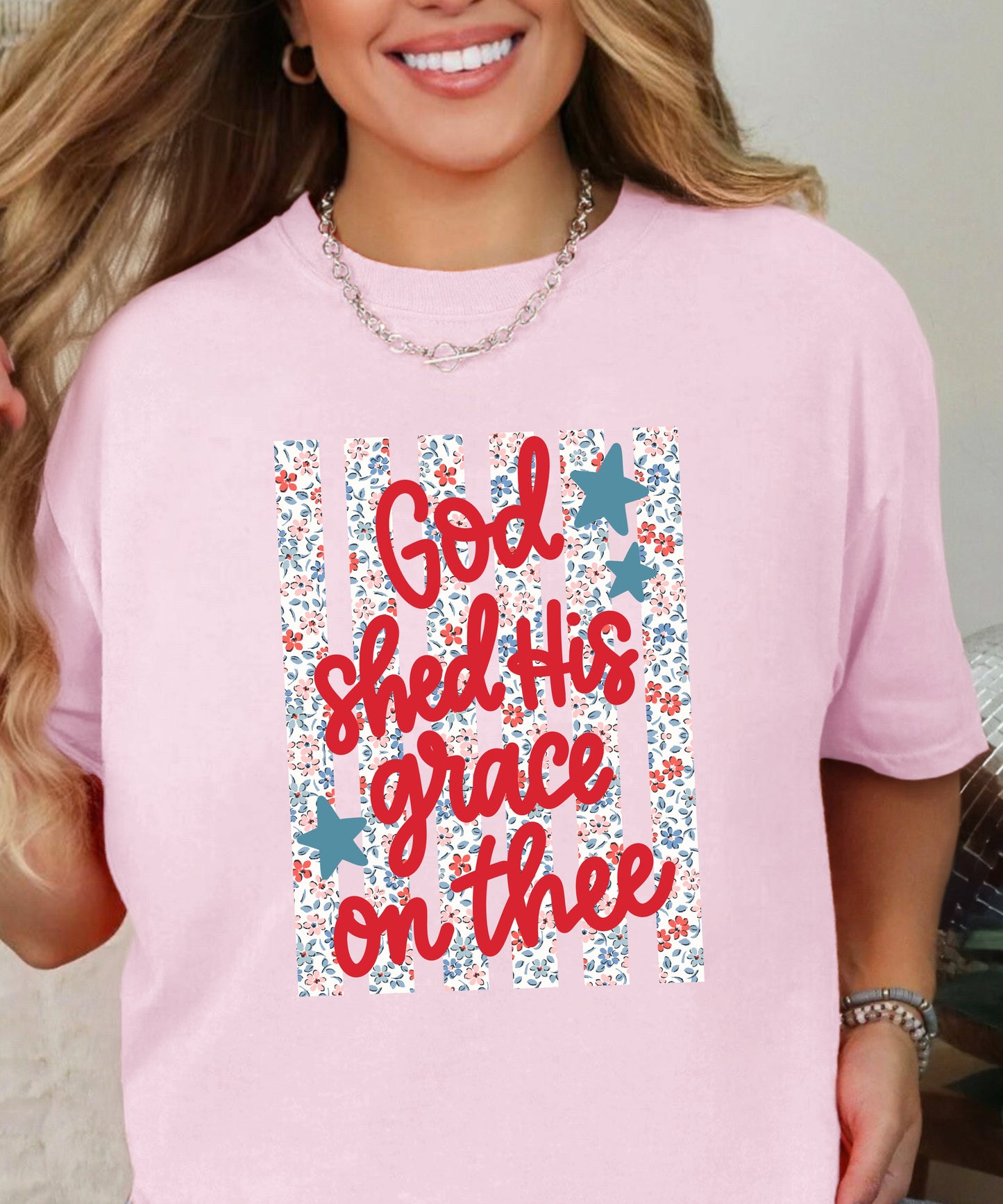 God Shed His Grace Patriotic T-Shirt | Floral American Flag Comfort Colors Tee