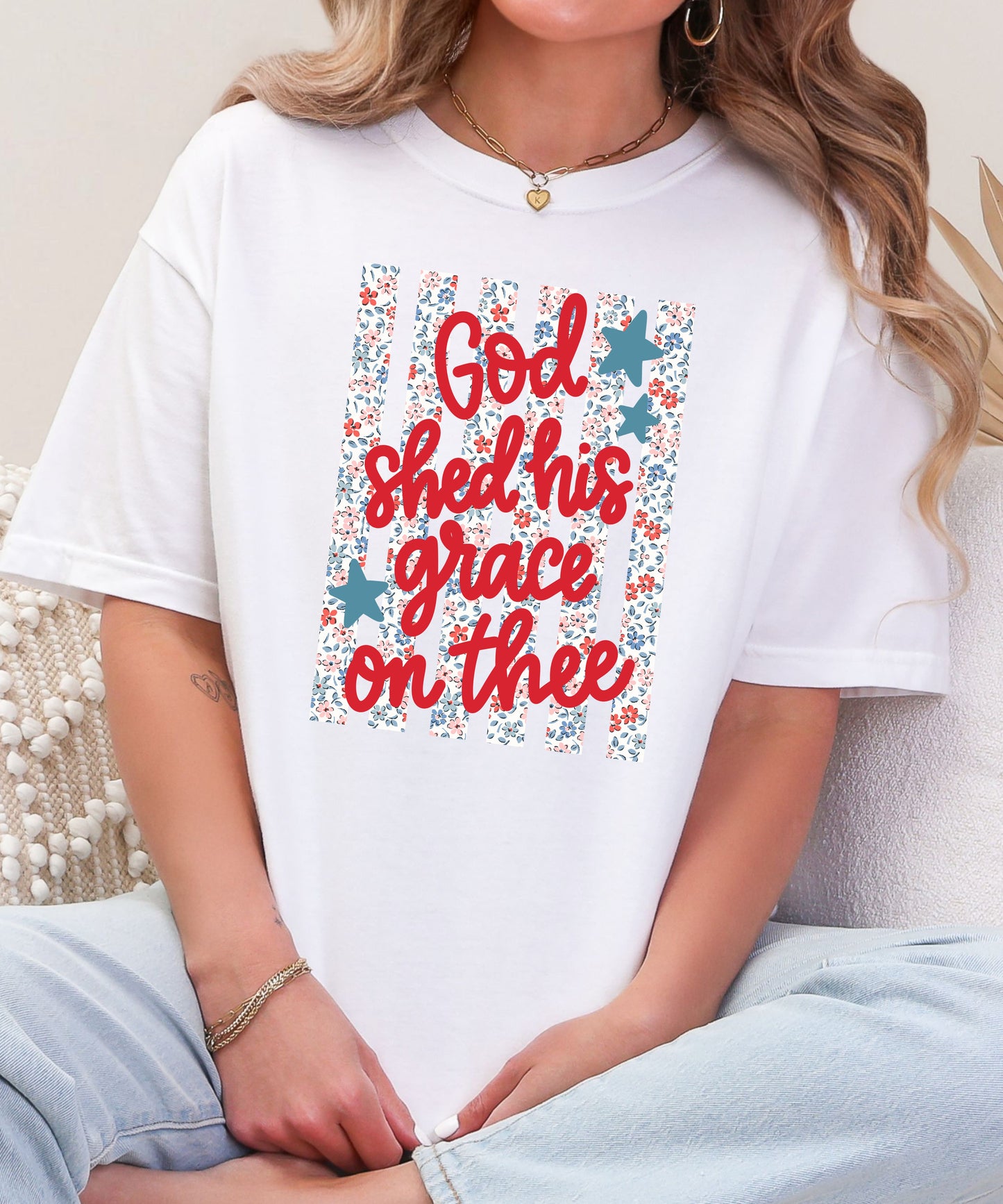 God Shed His Grace Patriotic T-Shirt | Floral American Flag Comfort Colors Tee