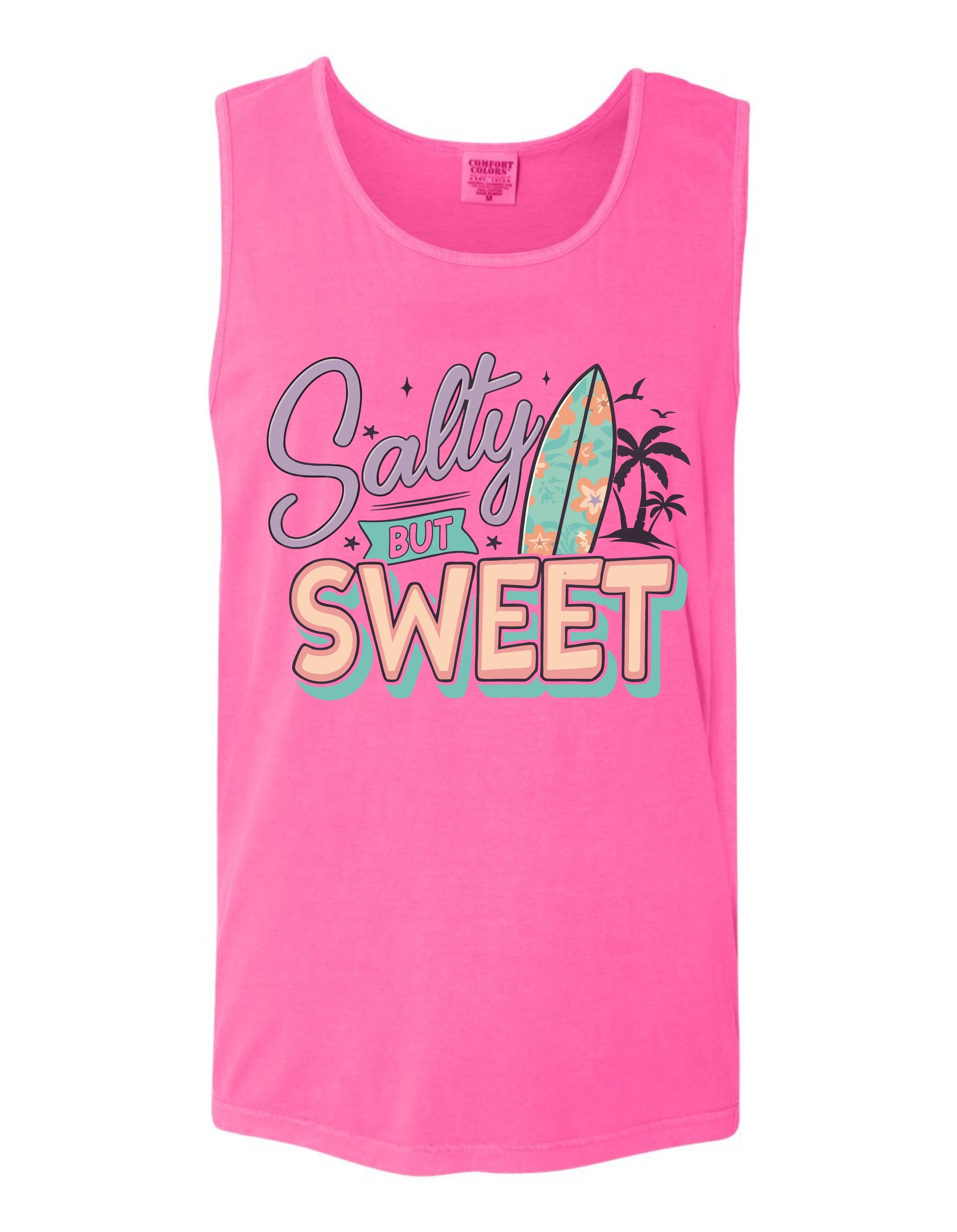 A pink tank top with a graphic design featuring a surfboard and the text "Salty but sweet" in a playful, colorful style.