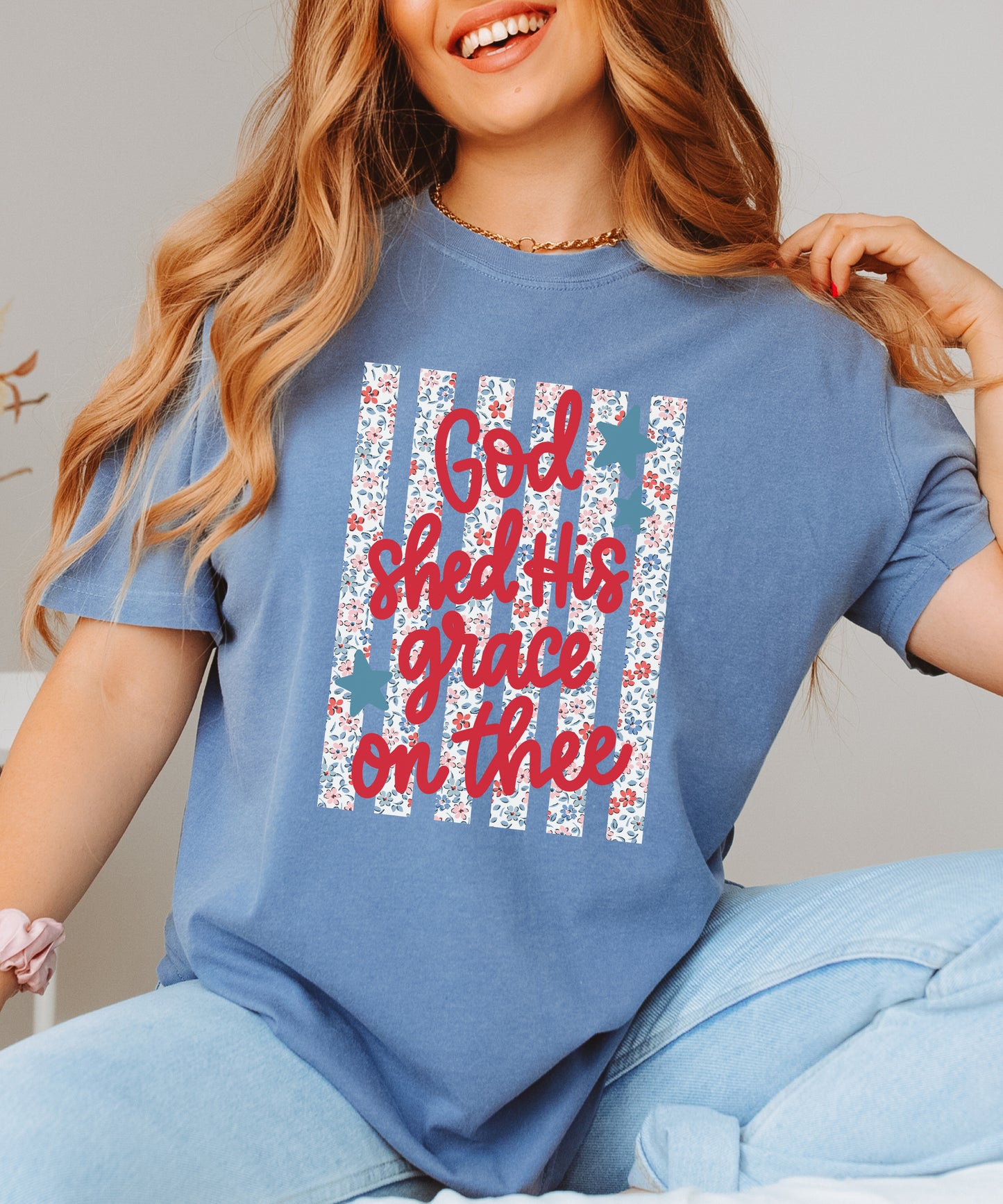 God Shed His Grace Patriotic T-Shirt | Floral American Flag Comfort Colors Tee