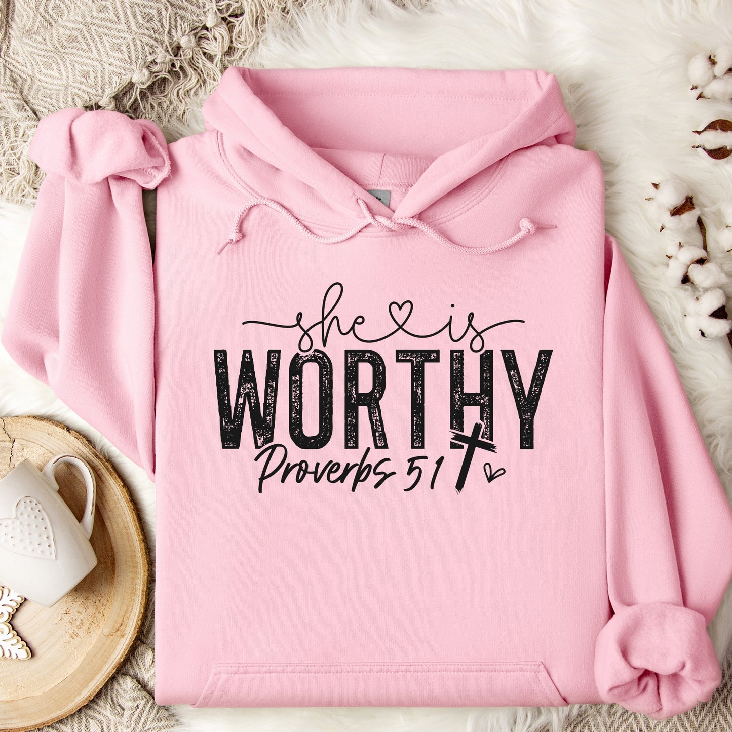 She is Worthy Religious Bible Verse Hooded Sweatshirt Black Writing