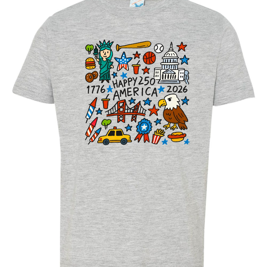 Happy 250 America Kids T-Shirt | Patriotic Doodle Toddler & Youth Tee