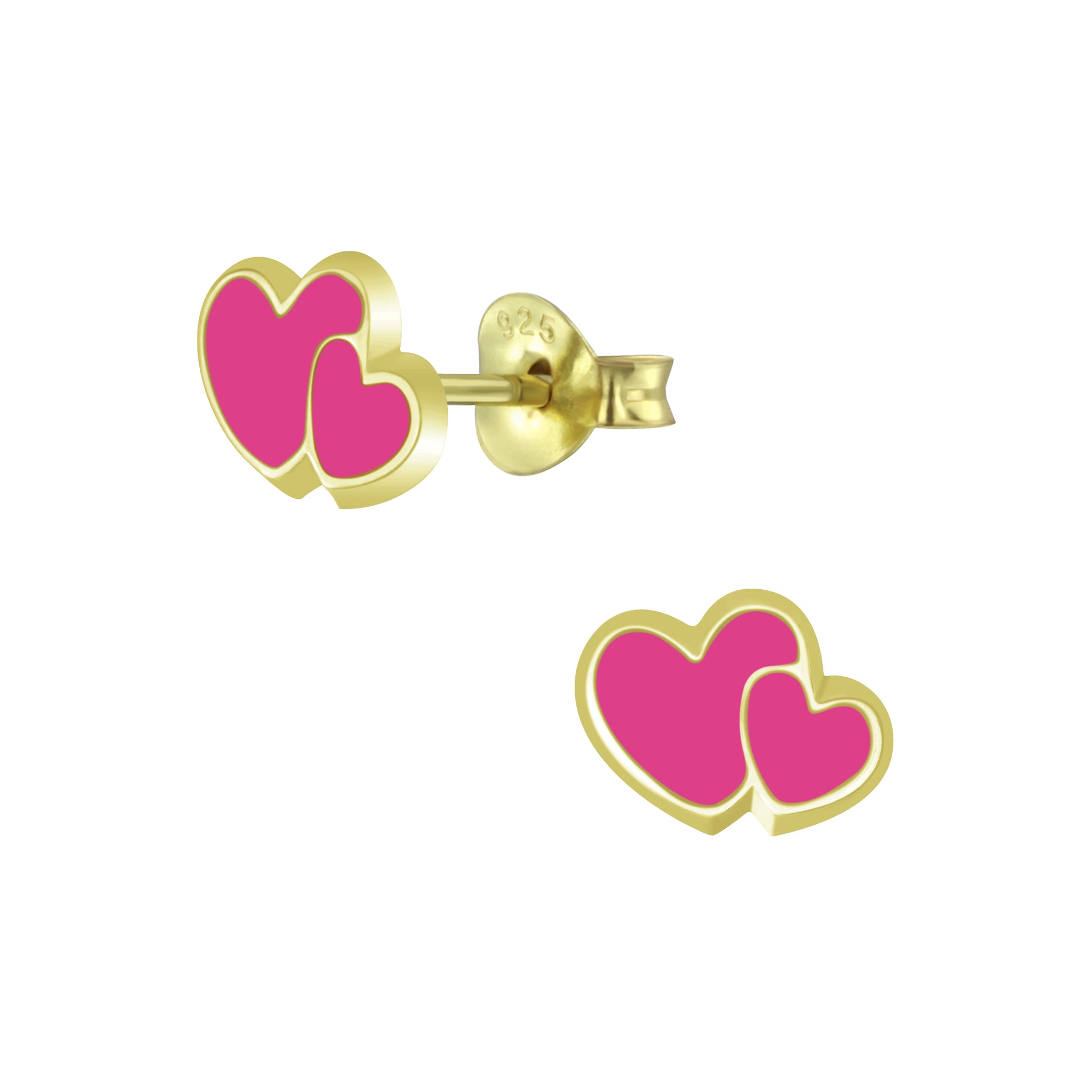 a pair of pink heart shaped earrings on a white background