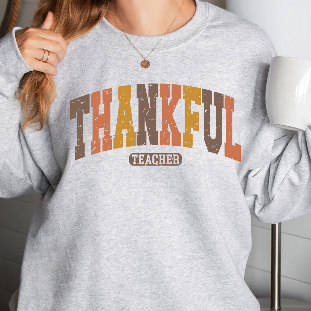 Thankful teacher fall colored varsity print sweatshirt