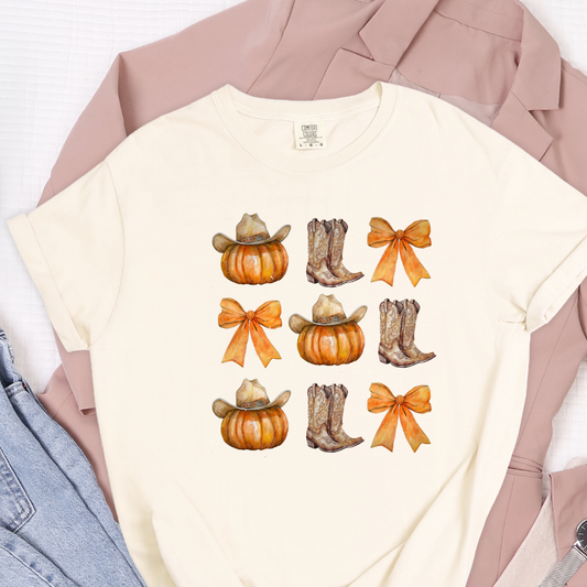 Ivory Boots, Bows & Pumpkins fall T-shirt flat lay