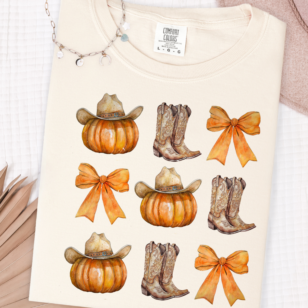 Folded Ivory Boots, Bows & Pumpkins fall T-shirt