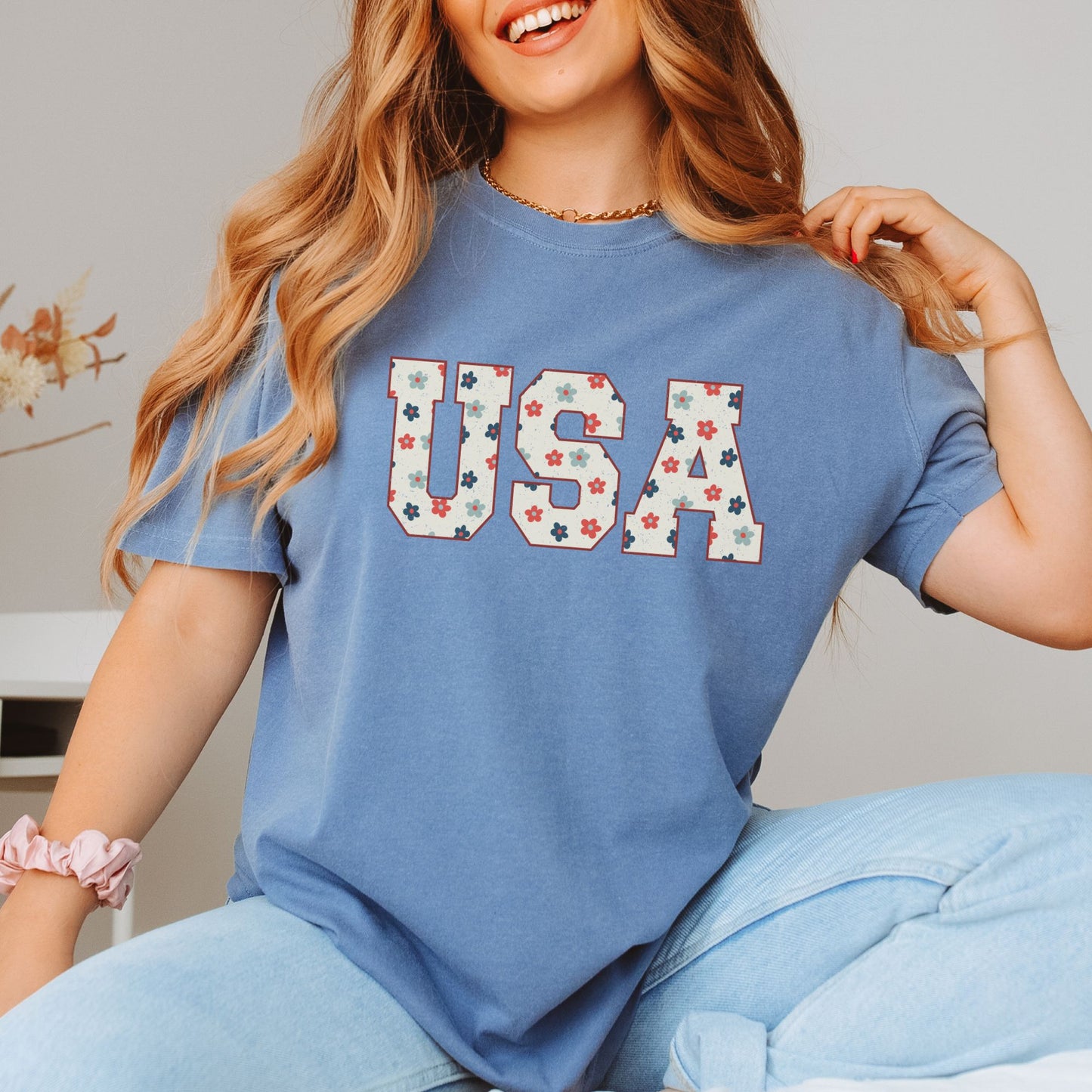 USA Floral Patriotic July 4th Memorial Day Tshirt Comfort Colors