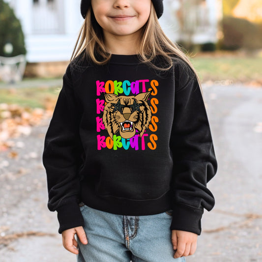 Colorful Bobcat Sweatshirt with Bobcat Face wearing Star Sunglasses