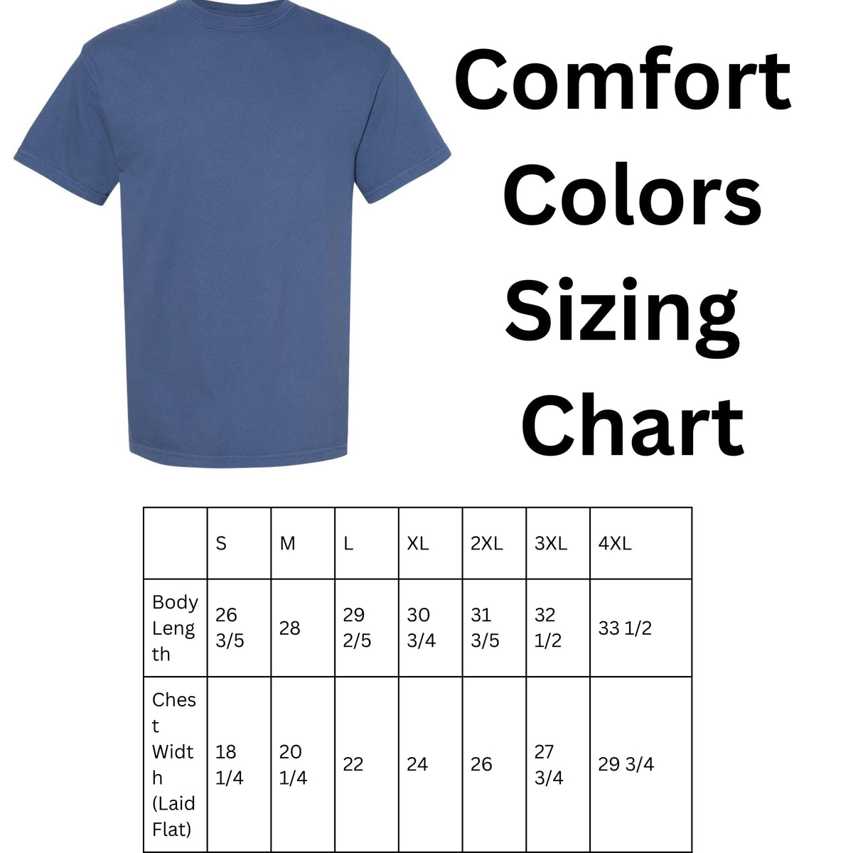 Adult garment-dyed T-shirt size chart and care instructions.