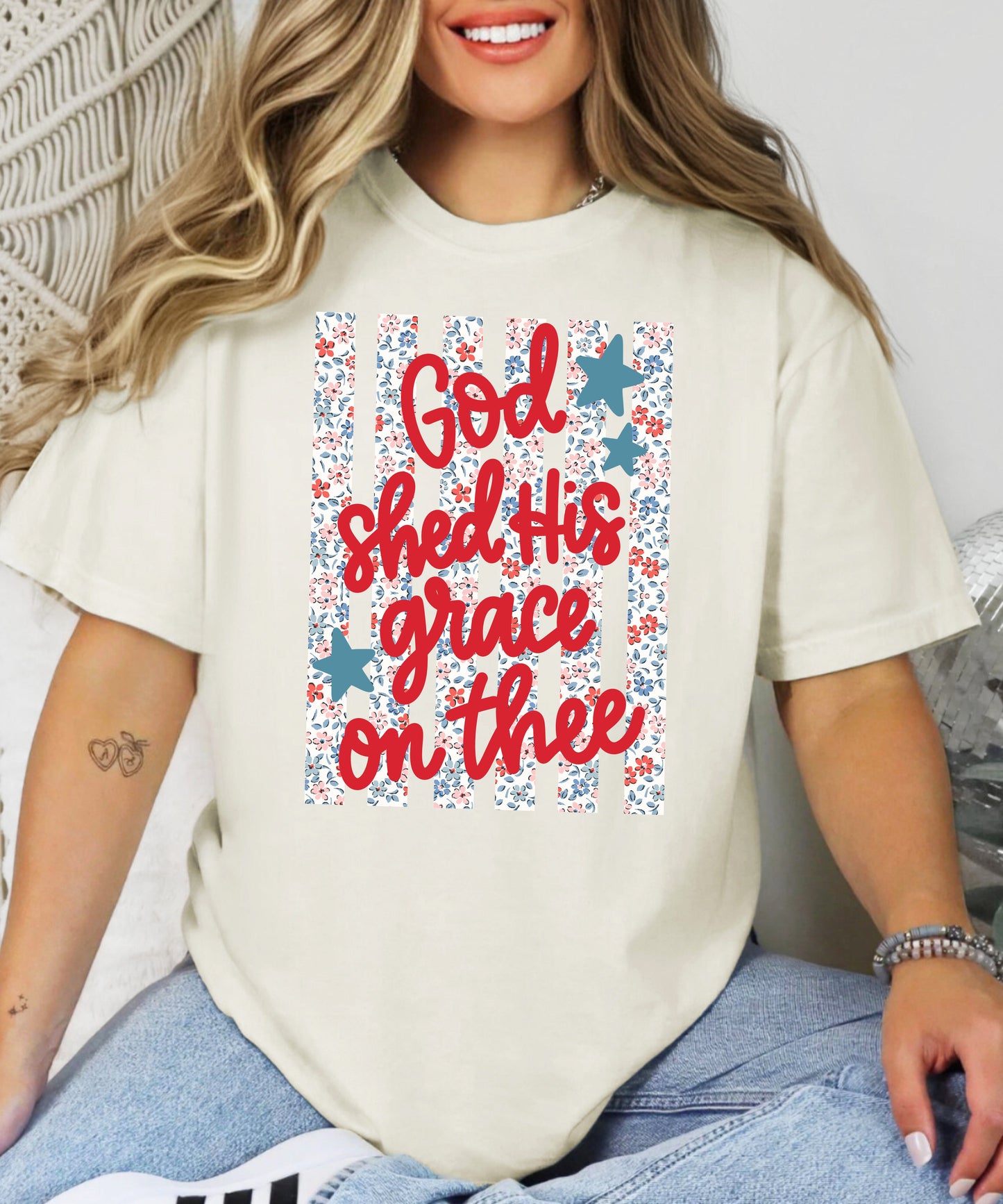 God Shed His Grace Patriotic T-Shirt | Floral American Flag Comfort Colors Tee