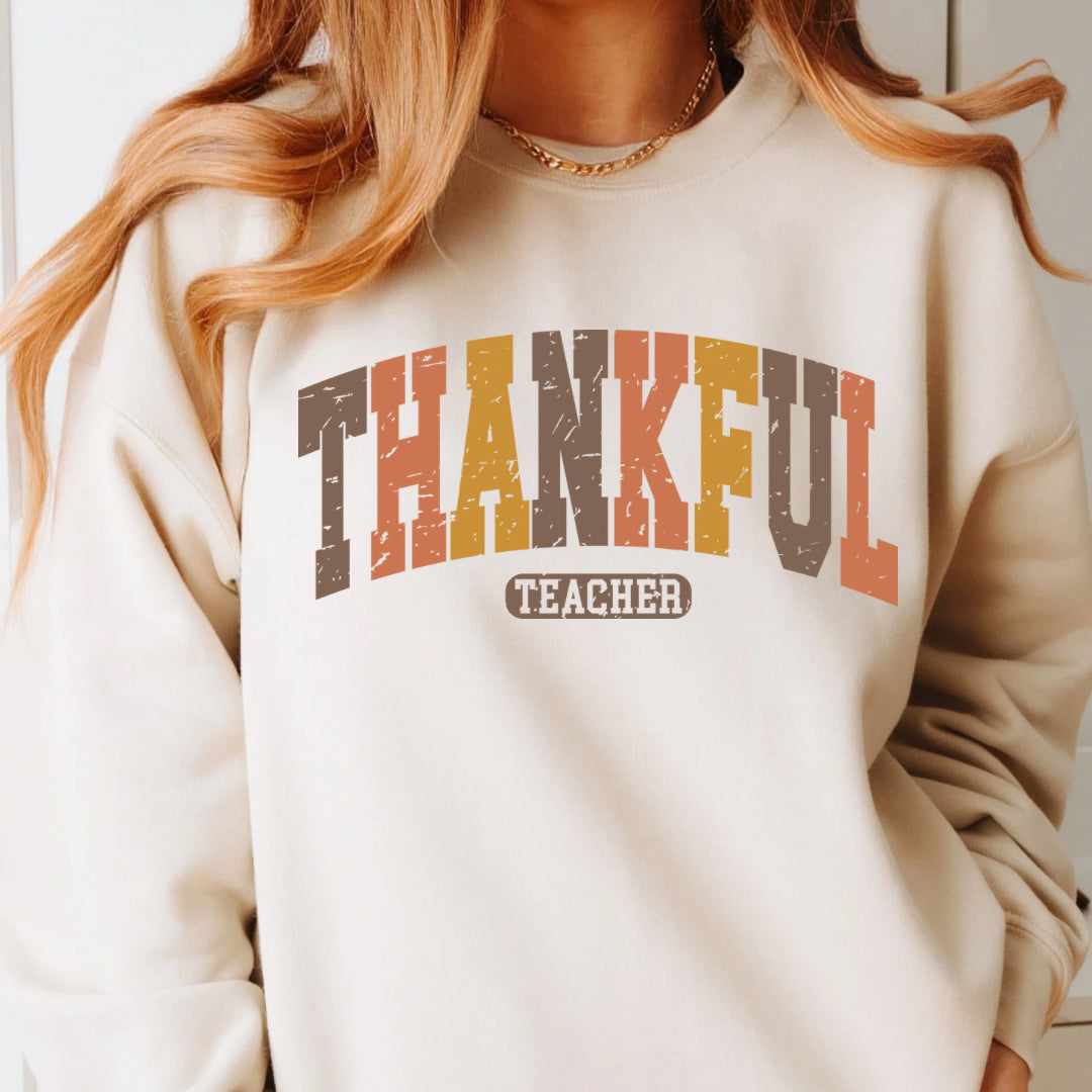 Thankful teacher fall colored varsity print sweatshirt