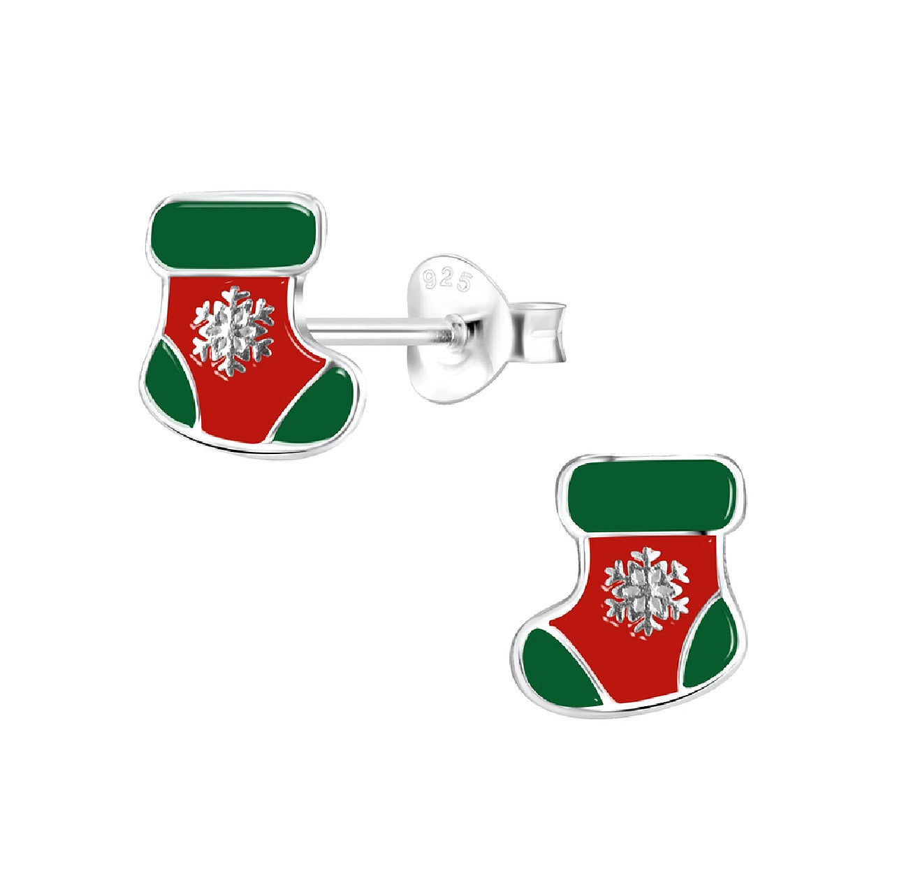 Red and Green Stocking with Rhinestones Sterling Silver Earring Studs