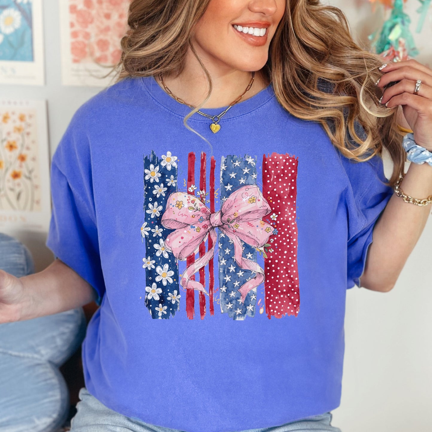 Floral Bow American Flag T-Shirt | Coquette Patriotic Comfort Colors Tee
