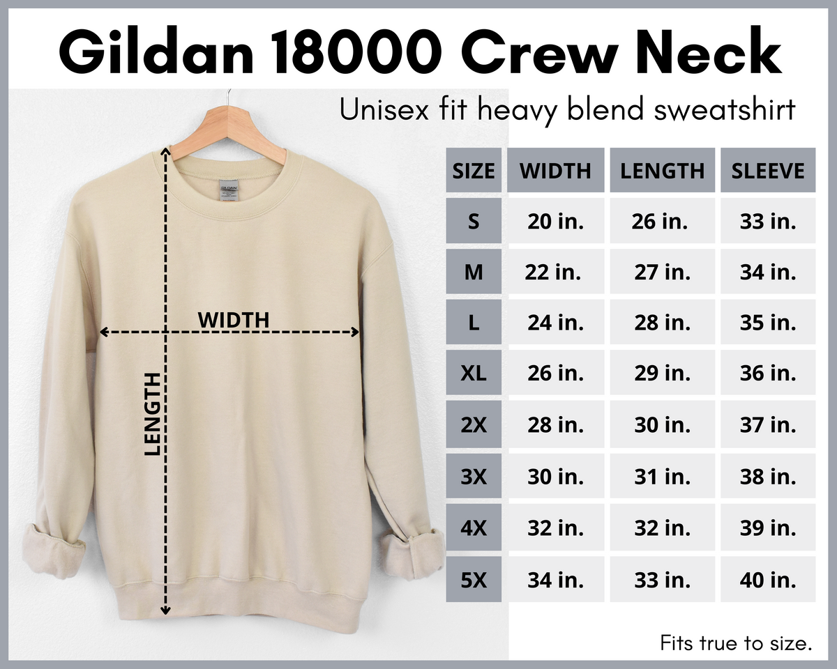 Adult unisex sweatshirt size chart and care instructions.