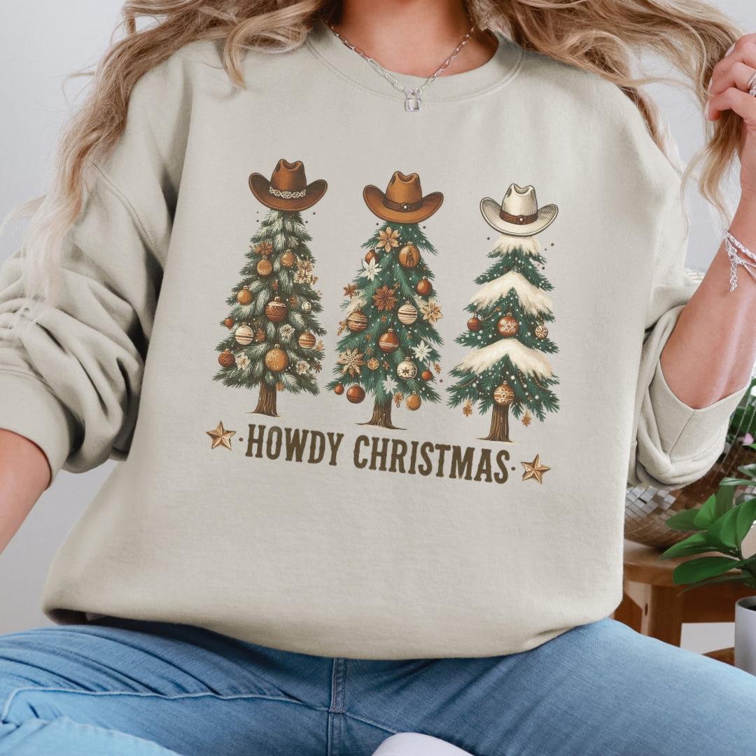 Howdy Christmas Sweatshirt – Western Holiday Trees with Cowboy Hats