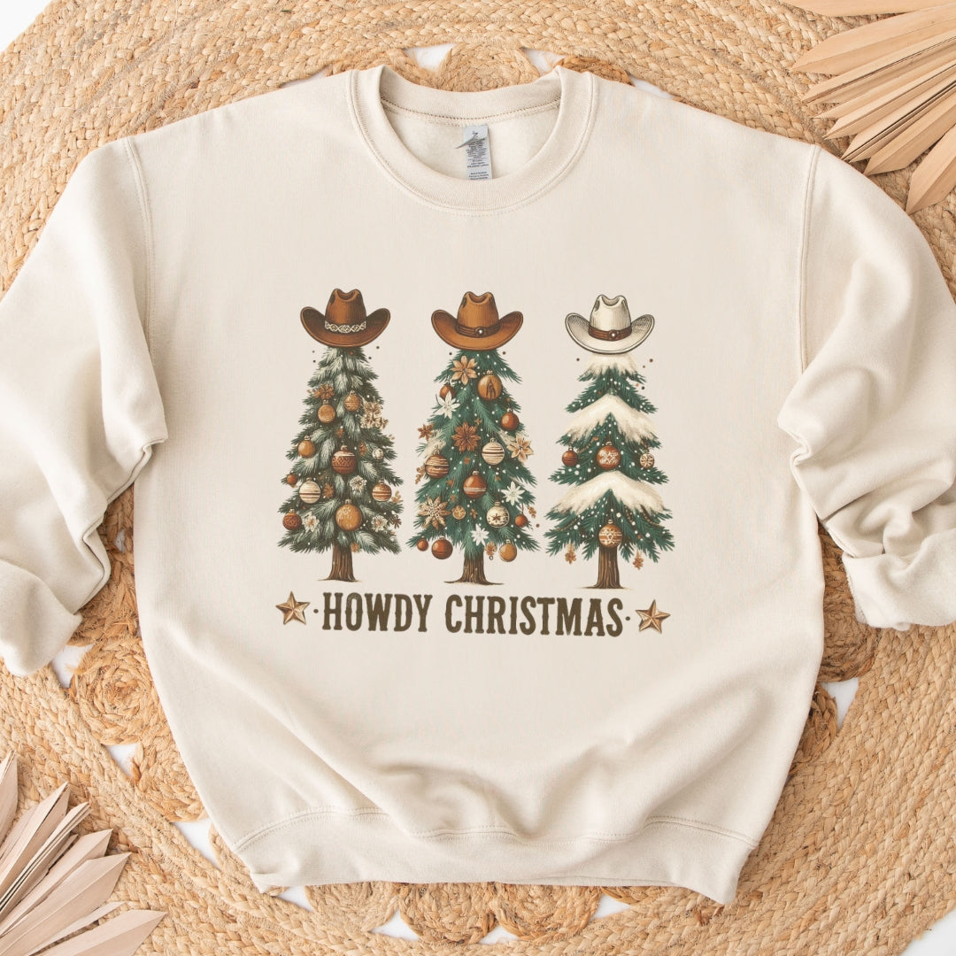 Howdy Christmas Sweatshirt – Western Holiday Trees with Cowboy Hats