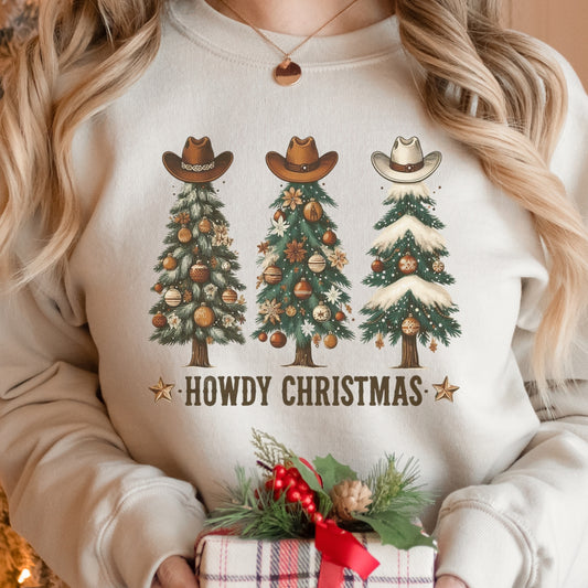 Howdy Christmas Sweatshirt – Western Holiday Trees with Cowboy Hats