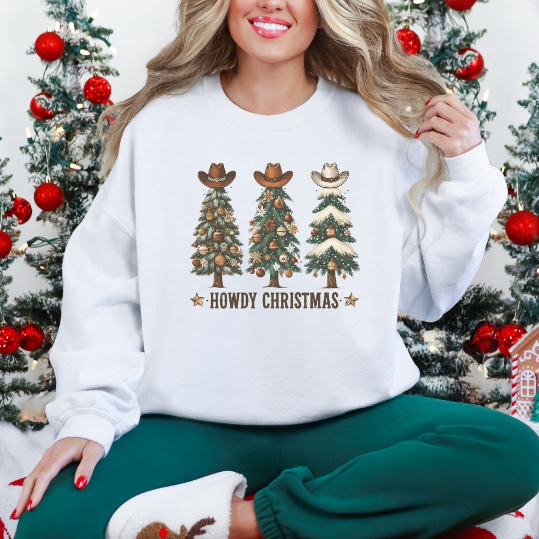 Howdy Christmas Sweatshirt – Western Holiday Trees with Cowboy Hats