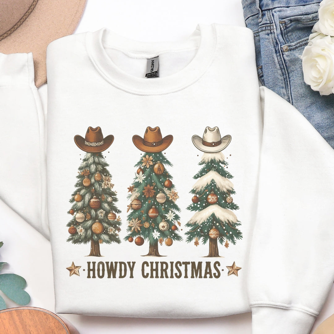 Howdy Christmas Sweatshirt – Western Holiday Trees with Cowboy Hats