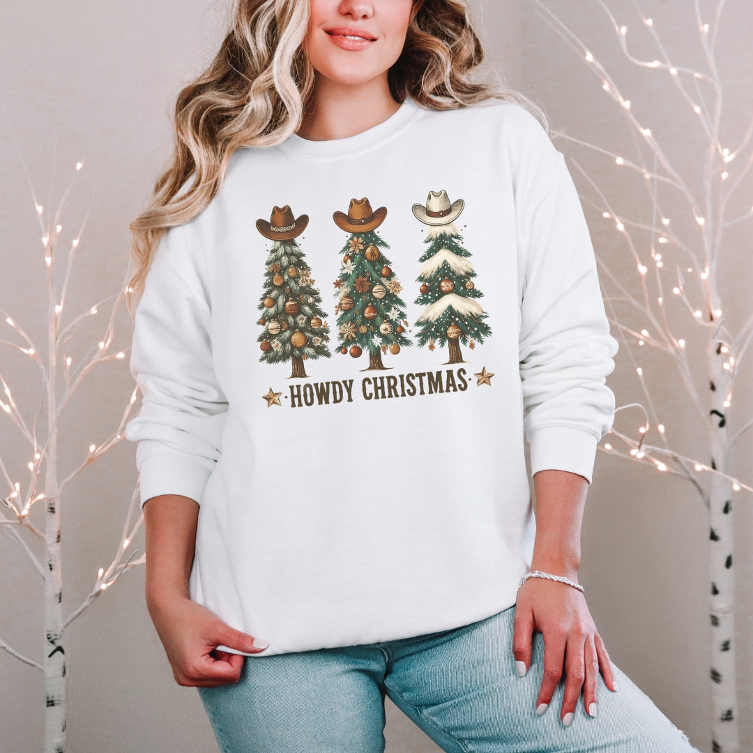 Howdy Christmas Sweatshirt – Western Holiday Trees with Cowboy Hats