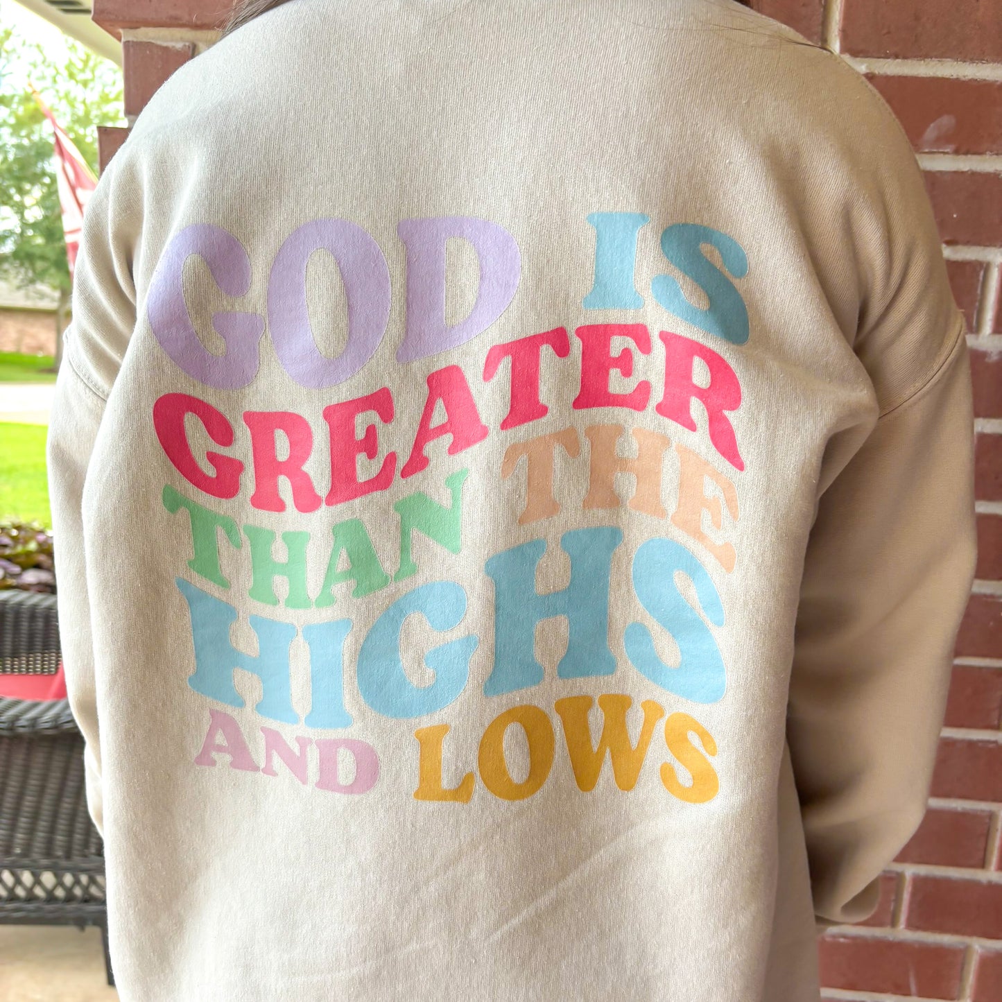 God is Greater Than the Highs and Lows Women's Sweatshirt (left chest)