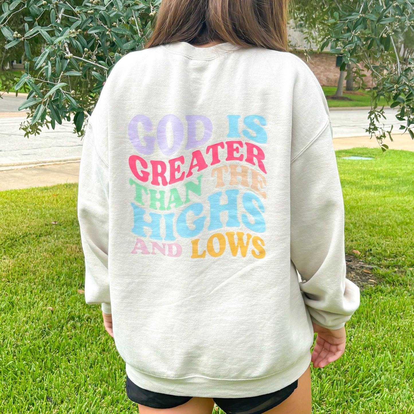 God is Greater Than the Highs and Lows Women's Sweatshirt (left chest)