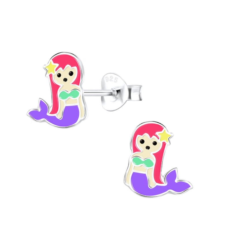 Purple Tailed Mermaid Sterling Silver Stud Earrings