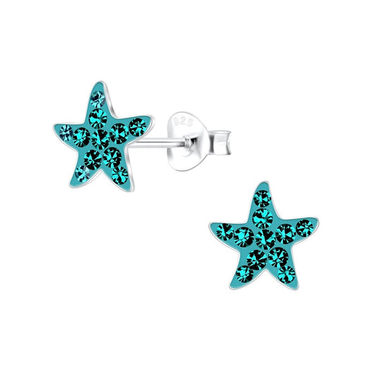 Teal Rhinestone Starfish Sterling Silver Stud Earrings