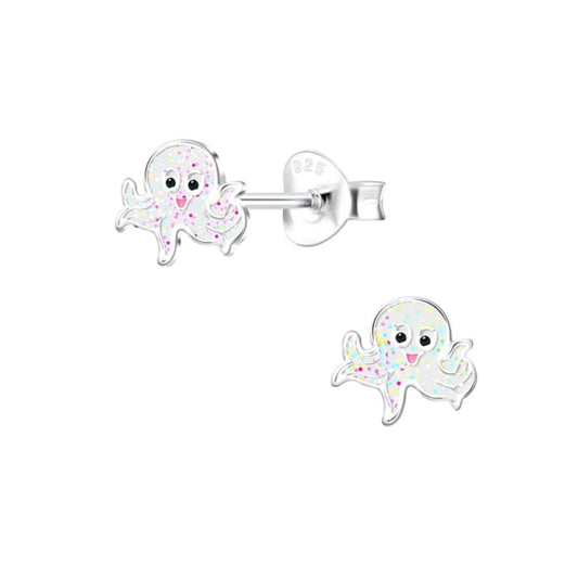 White Glitter Octopus Sterling Silver Stud Earrings