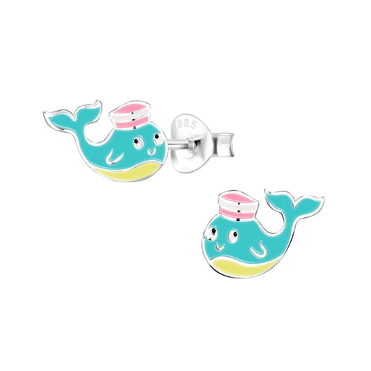 Teal Whale with Pink Sailor Cap Sterling Silver Stud Earrings