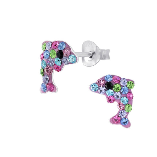 Multicolored Rhinestone Dolphin Sterling Silver Stud Earrings