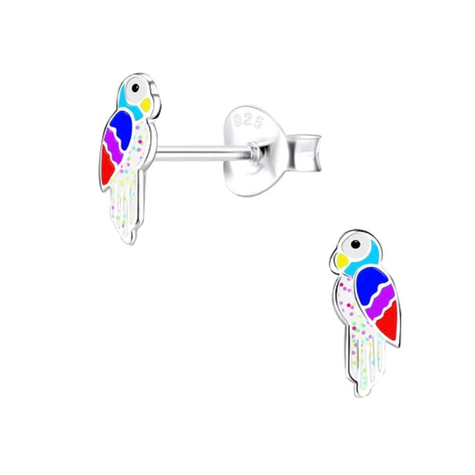 White Glitter Parrot Sterling Silver Stud Earrings