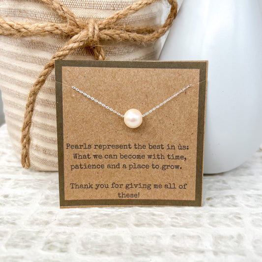 Sterling Silver Pearl Necklace with Teacher Card