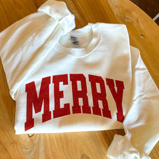 MERRY Sweatshirt – White with Red Glitter