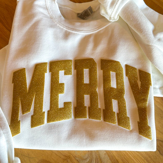 MERRY Sweatshirt – Gold Glitter Puff Letters