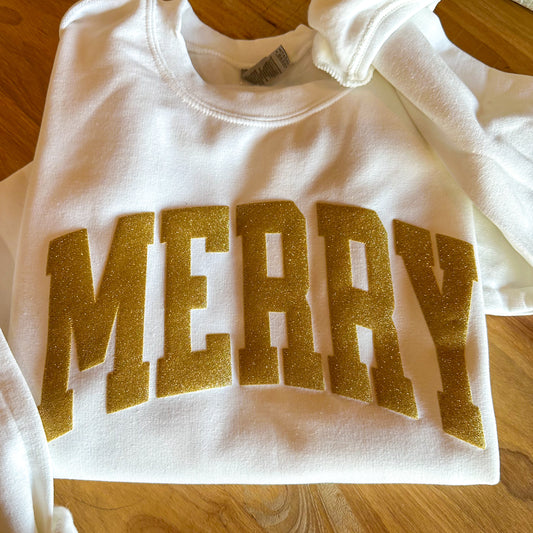 Merry Sweatshirt Gold Glitter Puff sweatshirt — Ready-to-Ship Overstock