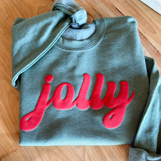 JOLLY Sweatshirt – Sage Green with Red Puff Print