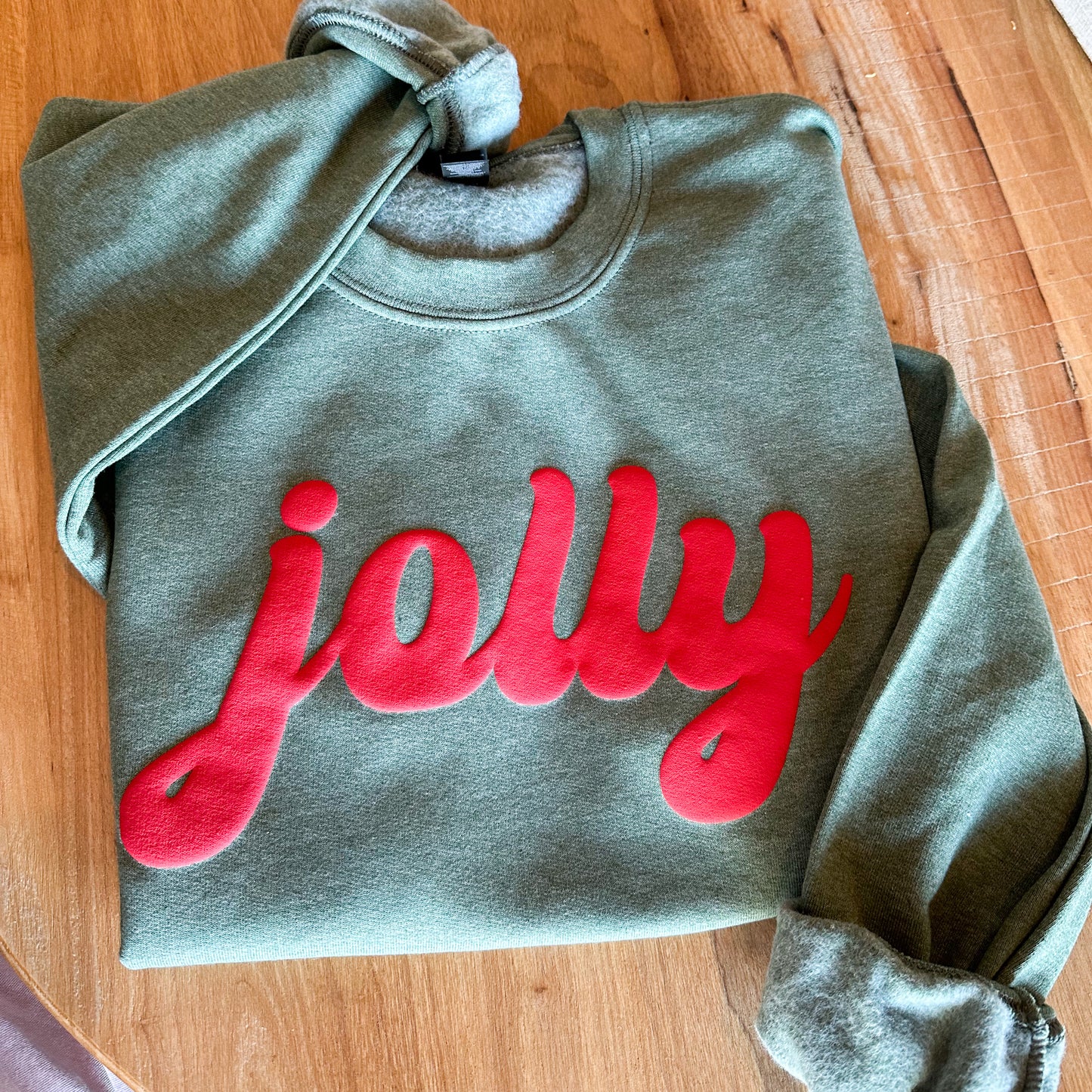 JOLLY Sweatshirt – Sage Green with Red Puff Print