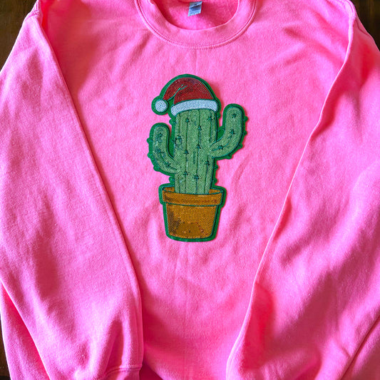 Cactus with Santa Hat Sequins Sweatshirt