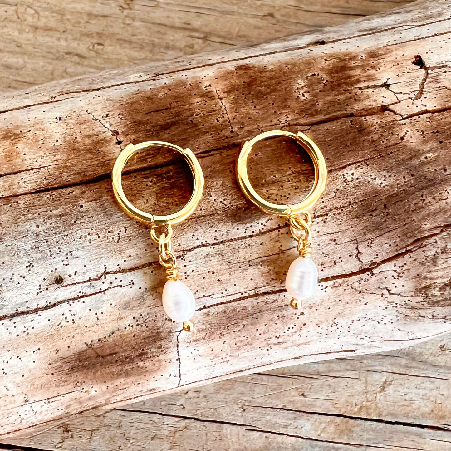 GOLD COATED PEARL HOOP DANGLE EARRINGS