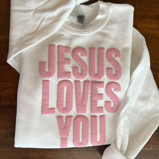 Jesus Loves Me YOUTH Sweatshirt Pink on White