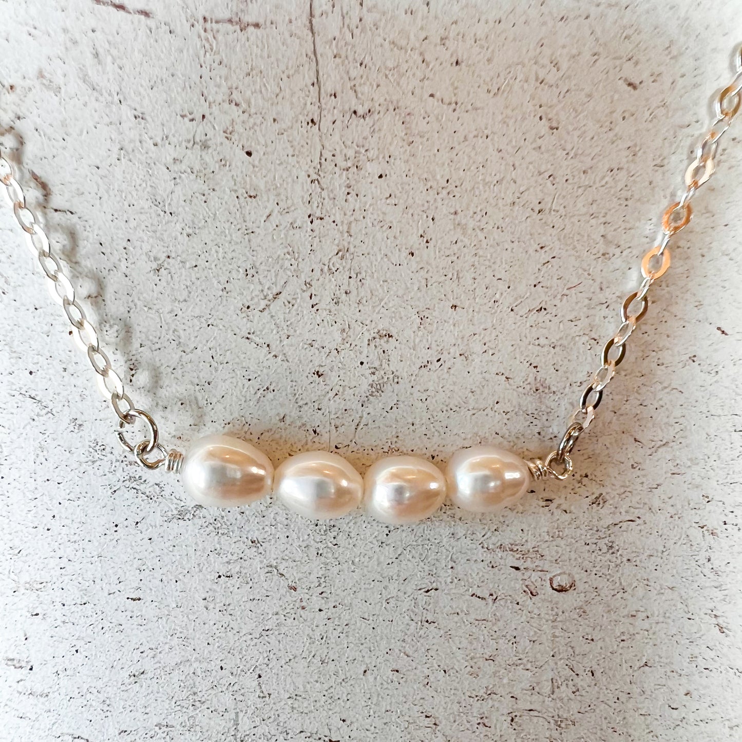 Four Pearl Bar Dainty Pendant Sterling Silver Necklace Perfect for Layering