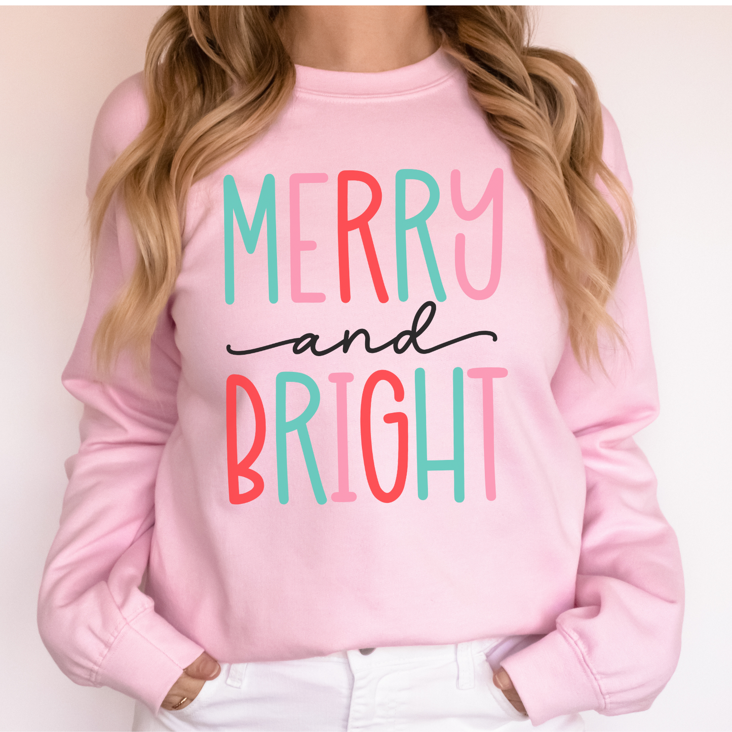 Merry and Bright pink red and green Christmas Sweatshirt