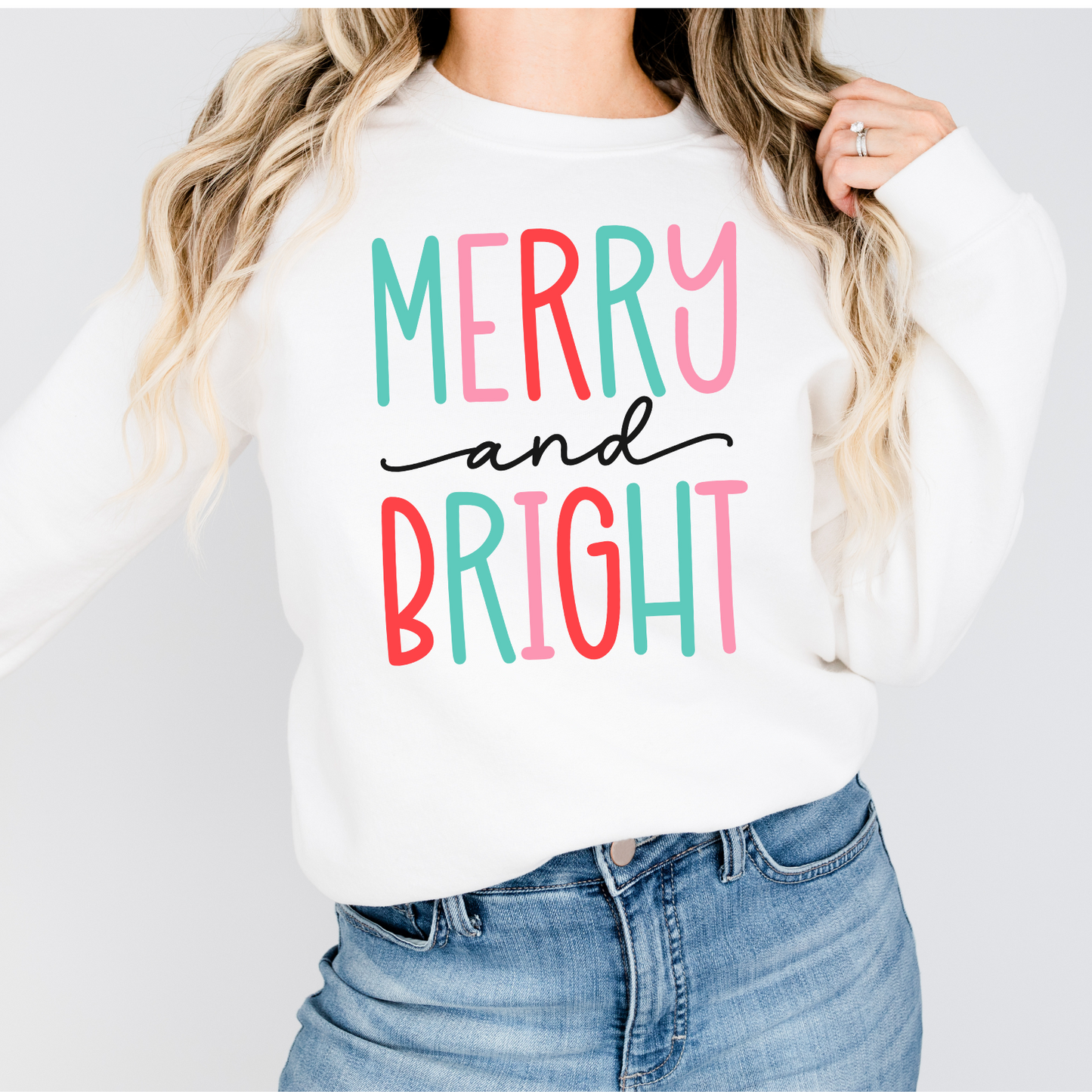 Merry and Bright pink red and green Christmas Sweatshirt