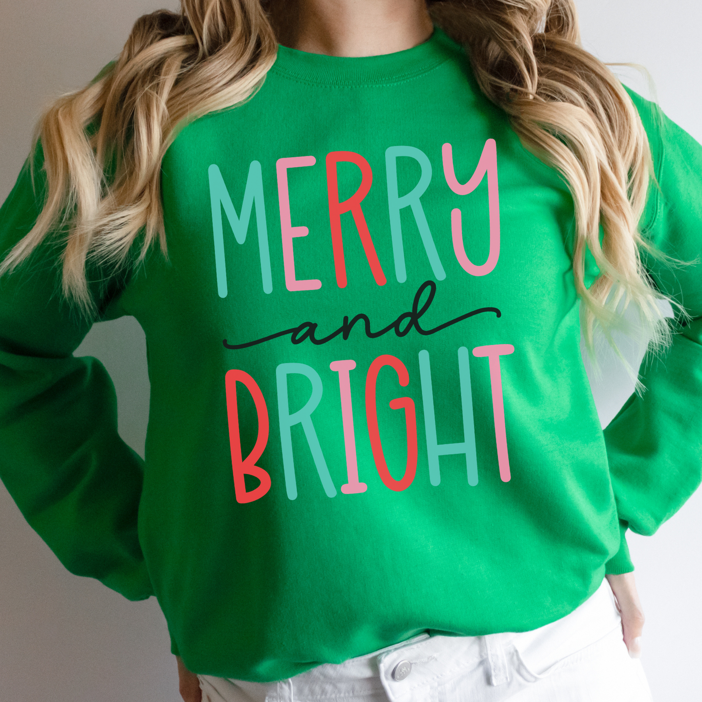 Merry and Bright pink red and green Christmas Sweatshirt