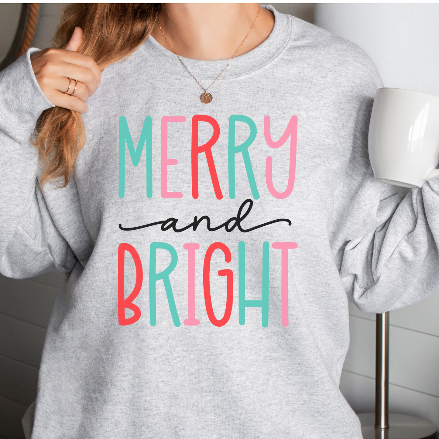 Merry and Bright pink red and green Christmas Sweatshirt