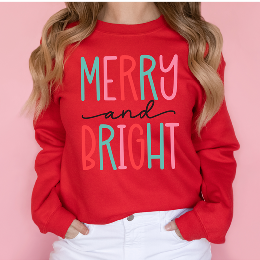 Merry and Bright pink red and green Christmas Sweatshirt