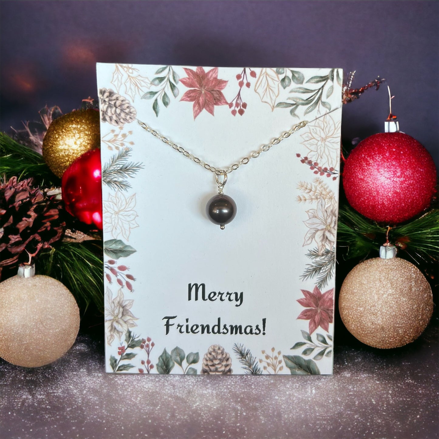 Round Black Pearl Sterling Silver Merry Friendsmas Necklace